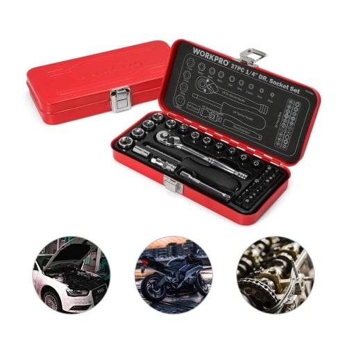 WORKPRO 37-Piece Garage Tool Set with Socket Wrench, Ratchet Wrench, 6.35mm (1/4") Drive, Quick-Release Ratchet Handle, and Steel Case Included