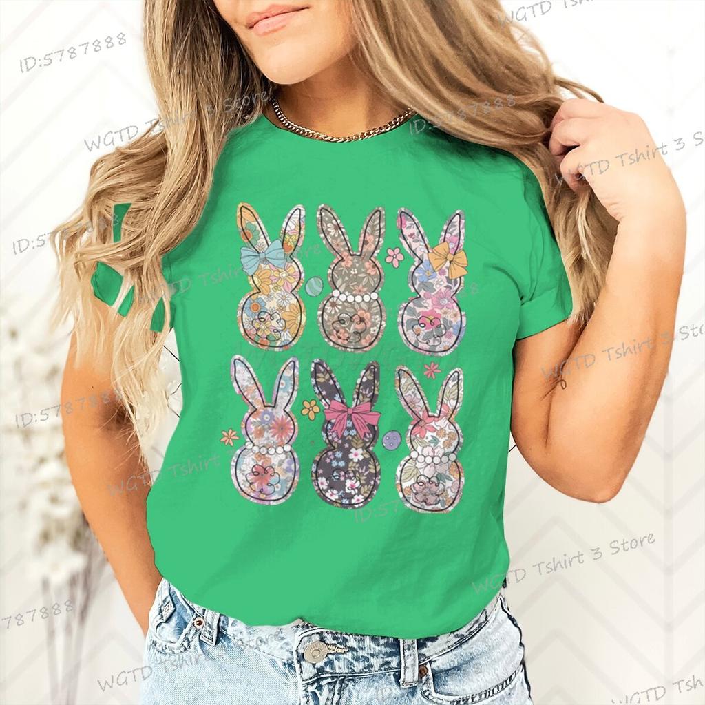 Retro Easter Bunny Floral Design Women Tshirt Graphic Gift for Easter Day Classic Tops Tees Flower Abbit Bunny Vintage T Shirts