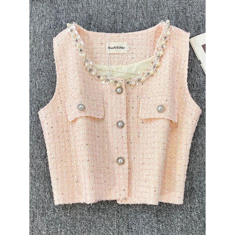 2025 Spring and Summer New Korean Style Heavy Industry Beads Round Neck Sleeveless Single-Breasted Graceful Versatile Temperament Vest Outerwear