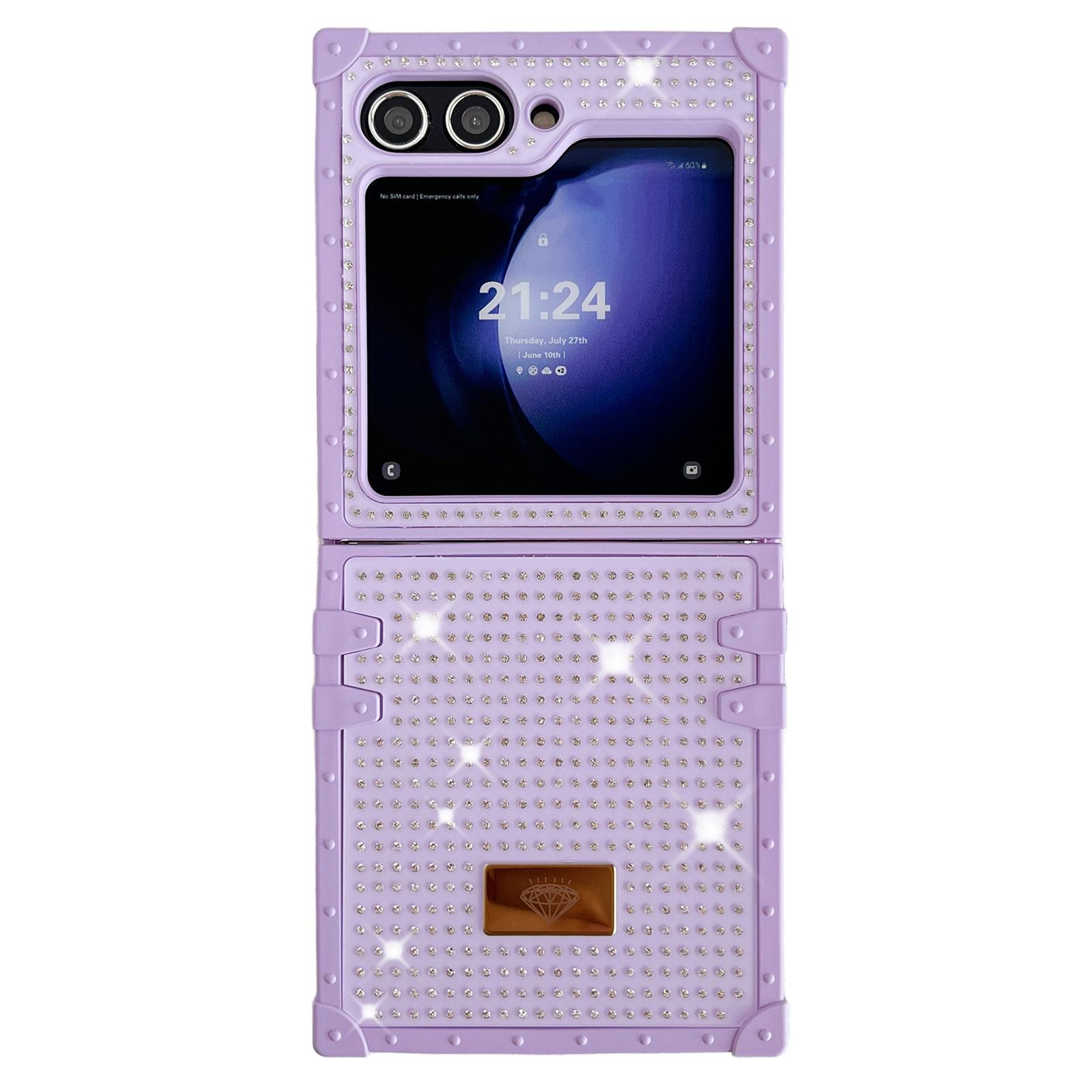 

For Samsung Galaxy Z Flip5 5G Phone Case Rhinestone Decor TPU+PC Diamond Pattern Metal Badge Cover Purple