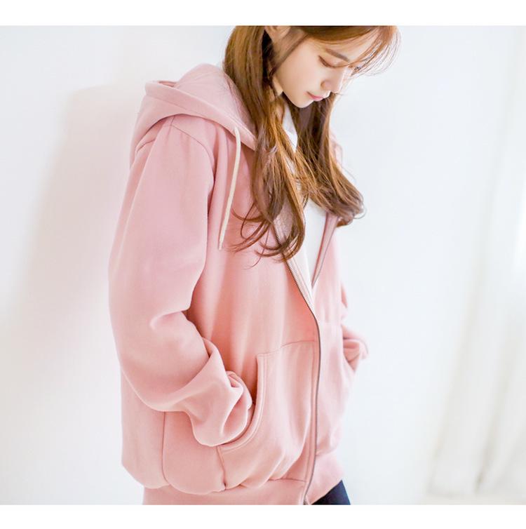 Damen Einfarbige Kapuzen-Reißverschluss-Sweatjacke - Lockere Passform, Mit Samt gefüttert, Frühling/Herbst Lässiger Sport-Cardigan.