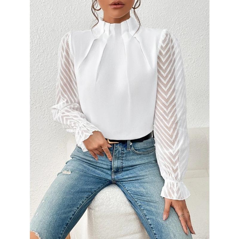 Damen Lockerer Halbrollkragen Patchwork Wellenförmiges Chiffon Langarm Pullover Top