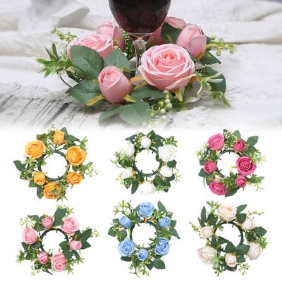 Mini Artificial Wreath Candle Ring with Plastic Base Realistic Faux Rose Garland Candle Wine Decoration Weddings