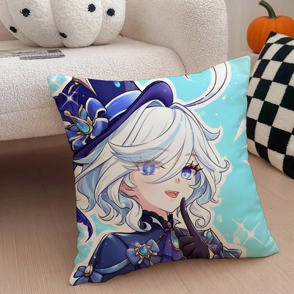 Genshin Impact Furina Anime Pillow Case Anti-dustmite Pillowcase Invisible Zipper Silky Short Plush Sofa Cushion Cover