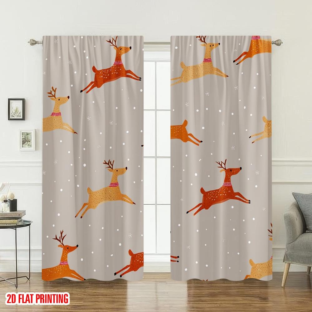 Flat Printing Merry Christmas Curtains Reindeer Snowing Festive Digital Printed Polyester Drapes Wall Curtain Set Of 2 Made Washable