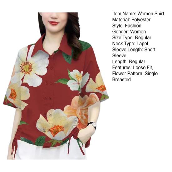 Women Casual Shirt Side Drawstring Shirt Sleeve Flower Pattern Lapel Short Double Breasted Loose Fit