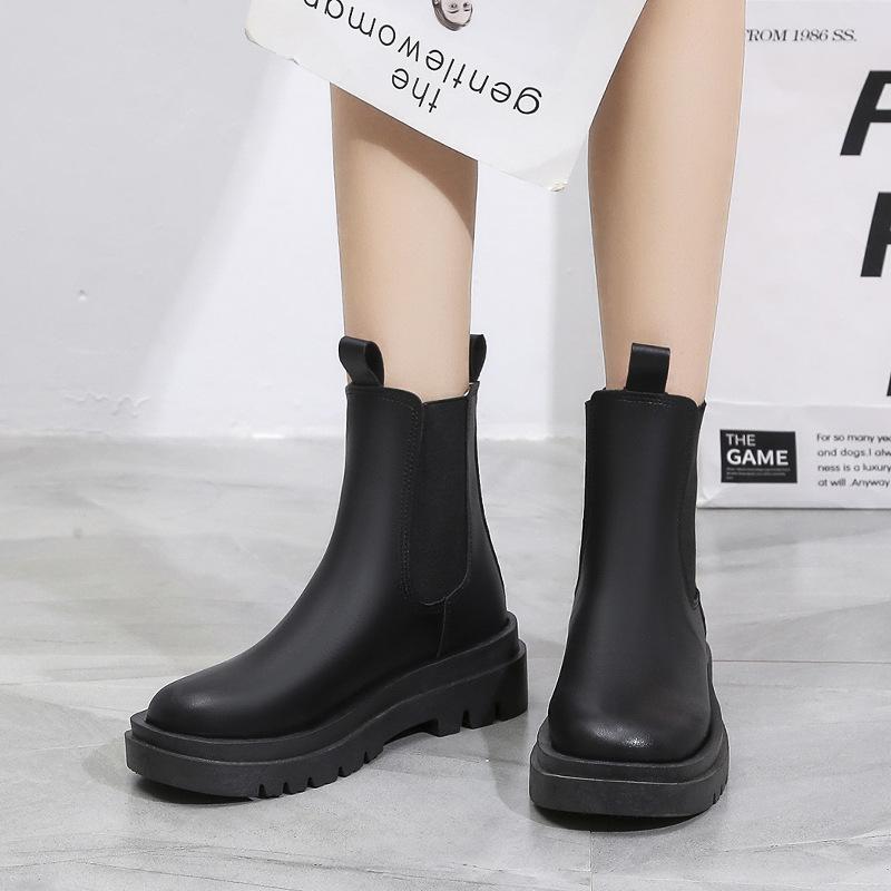 Leather Round Toe Thick Sole Martin Boots Slim Women's Shoes
