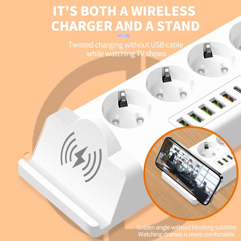 European Standard Mobile Phone Wireless Charging Strip Plug with Cable USB Socket Russian Plug Board PD Multi Socket