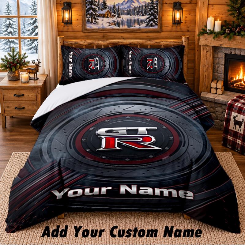 Nissan GT-R Pattern Bedding 3Pcs Set Custom Name, Bed Sheet And Pillowcases For Home Bedroom