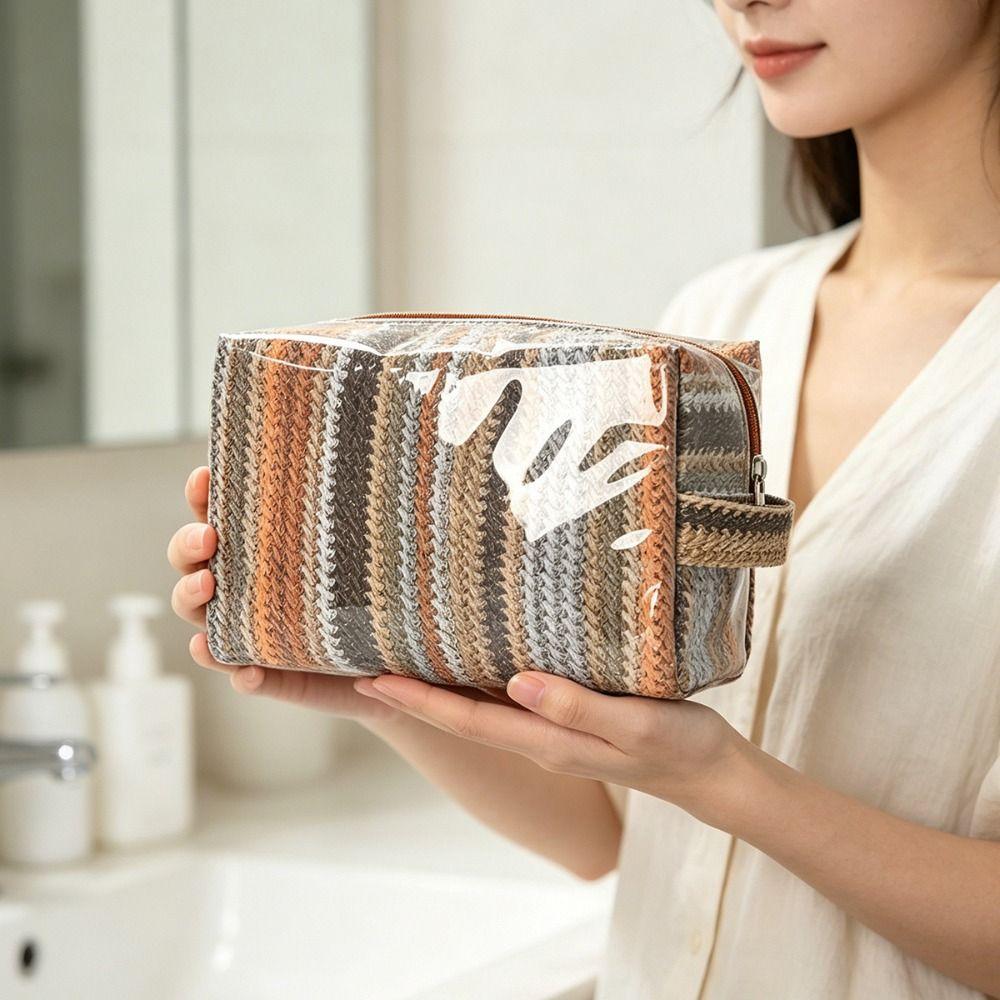 Imitation Straw Weave Pattern Portable Cosmetic Bag Waterproof Large Capacity Travel Toiletry Organizer Smooth Zipper