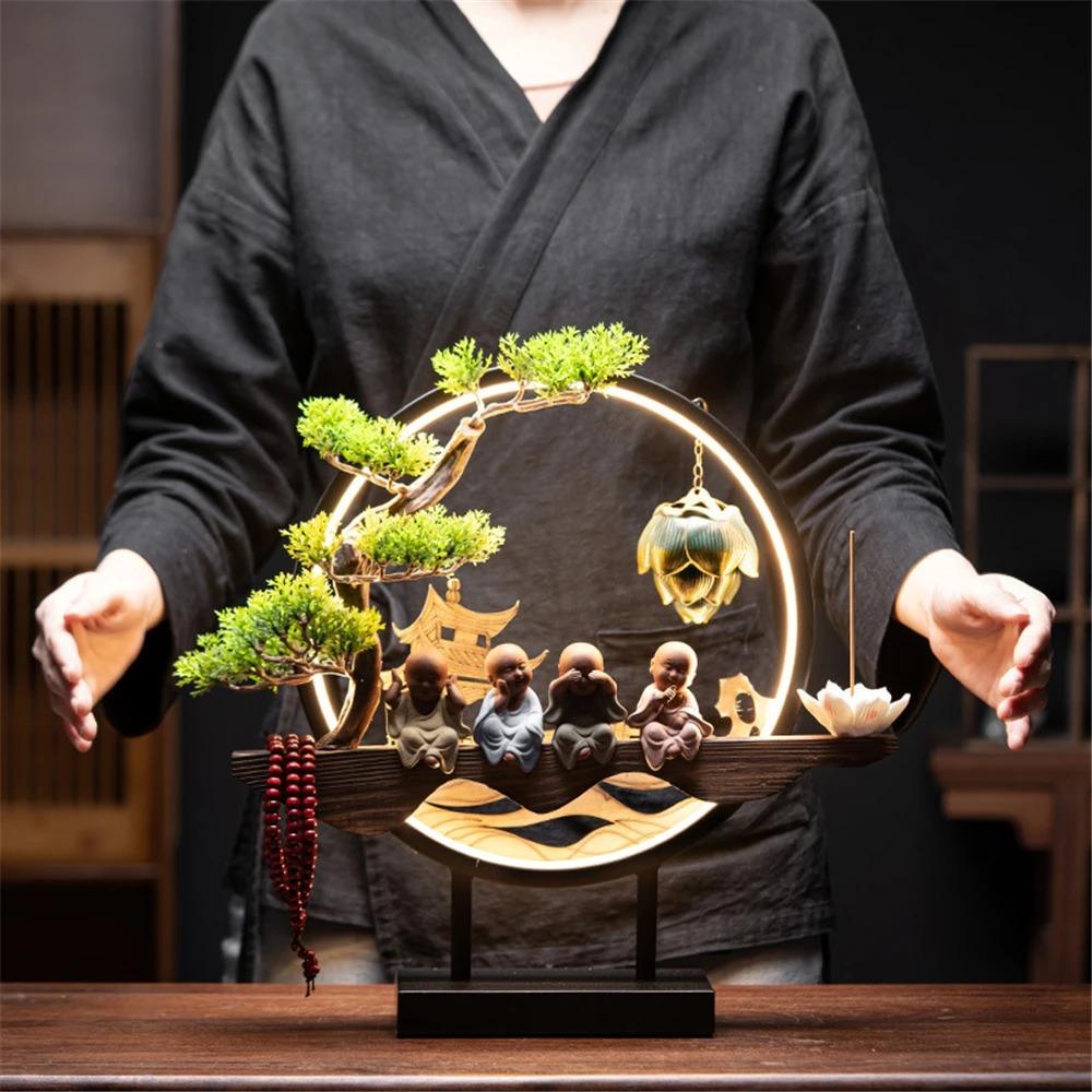 Arzător de tămâie cu reflux din lemn cu lumină LED USB Ceramică Lotus Mărgele Buddha Argilă purpurie Călugăraș Decor pentru casă birou