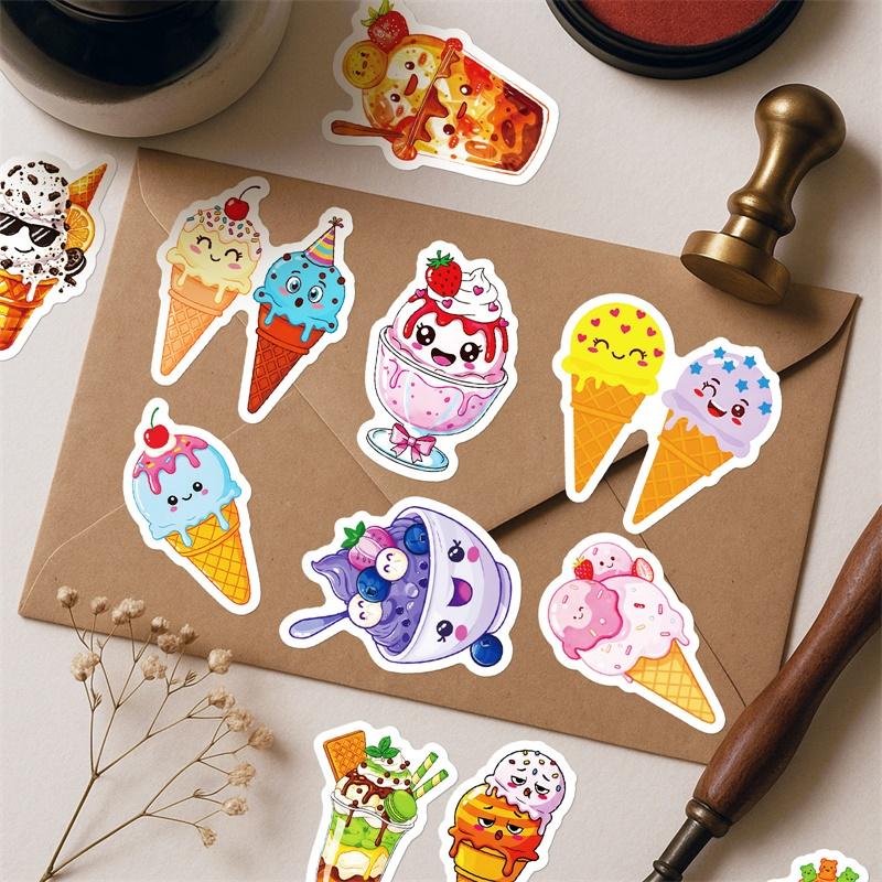 50PCS Cartoon Ice Cream PVC Sticker Aesthetic Colored DIY Sticky Decoration Scrapbooking Hand Accounting Supplies for Kids