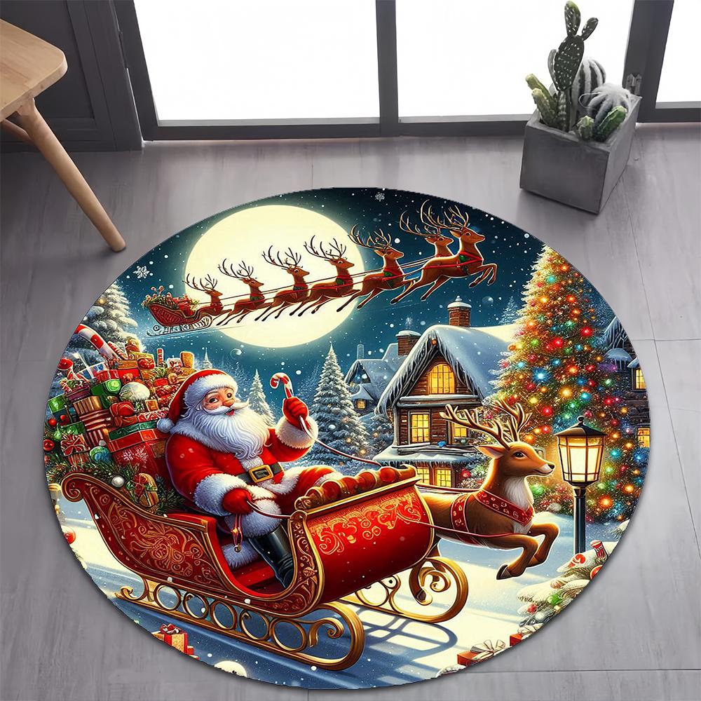Cute Santa Claus Merry Christmas Tree Cartoon Festival Gift Round Carpet Rug for Bedroom Living Room Decoration,Decor Floor Mat