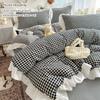 3pcs Red,black Plaid Duvet Cover Set (1*Duvet Cover + 2*Pillowcase, Without Core), Lace Embroidery Bedding Set