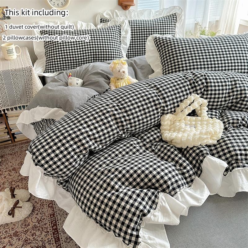 3pcs Red,black Plaid Duvet Cover Set (1*Duvet Cover + 2*Pillowcase, Without Core), Lace Embroidery Bedding Set
