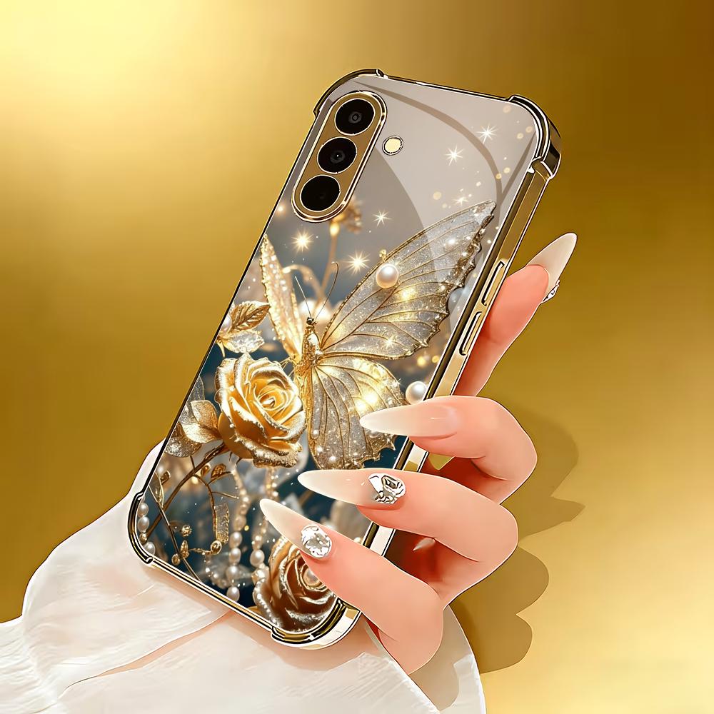 Butterfly Flower Electroplated Glass Phone Case Suitable for Samsung Galaxy S26 S25 S24 S23 S22 S20 FE/Ultra/Plus Anti Drop