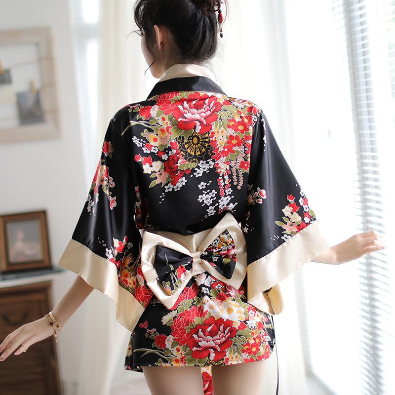 Printed Big Bow Kimono Bathrobe Pajamas Seduction Sexy Lingerie Cosplay Uniform Suit