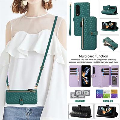 Long Lanyard Flip Leather Phone Case For Samsung Z Fold 5 Fold 4 3 Fashion Zipper Wallet Card Cover For Galaxy Z Flip 5 4 3