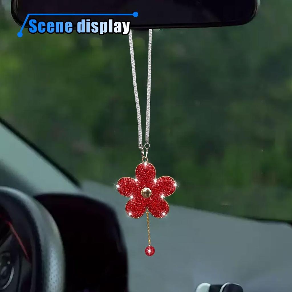 Bling Car Hanging Charm Accessories, Crystal Flower Car Rear View Mirror Pendant Decoration, Car Interior Ornament Accessories for Women Girls