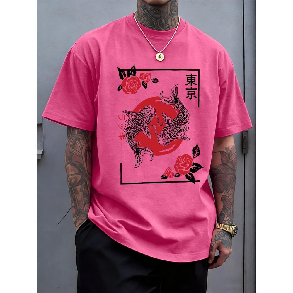 Tokyo Harajuku Koi Fish Printed Mens T-Shirt Cotton Summer Short Sleeve Tops Soft Oversized O-Neck T Shirt Clothes