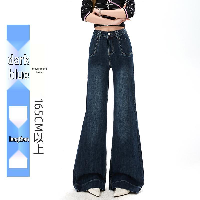 Women s Spring 2026 Dark Blue High-Waisted Retro Micro-Flare Slimming Jeans Extra Large