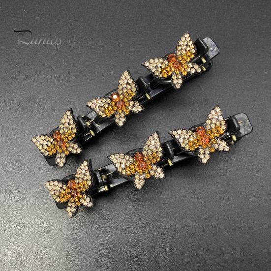 2Pcs Women Hairpins Sparkling Faux Crystal Butterflies Decor Braided Hair Clips Double Layer Bang Hair Pins