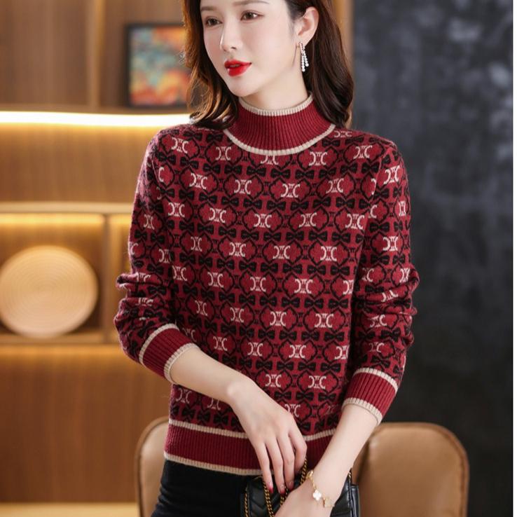 Half Turtleneck Color-blocking Sweater for Women In Autumn and Winter Jacquard Knitted Sweater Floral Casual Long-sleeved Pullover