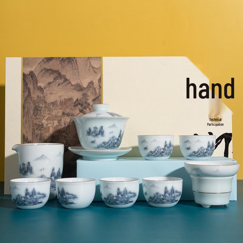 Celadon White Porcelain Tea Set with Gold Landscape: Complete Chinese Gaiwan Teapot and Teacup Set for Kung Fu Tea.