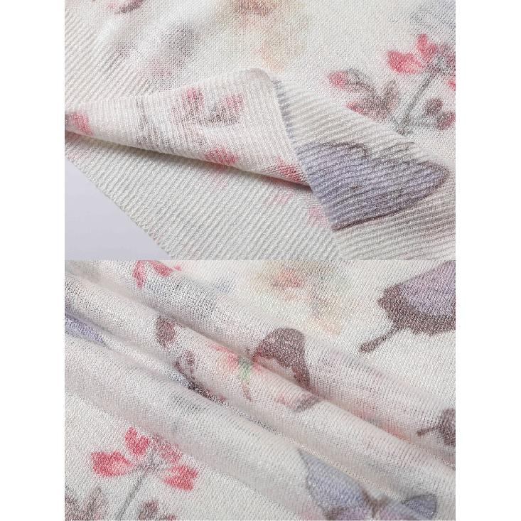 Women Summer Short Sleeve Knitted Sweater V-Neck Lightweight Pullover Tops Elegant Butterfly Floral Print