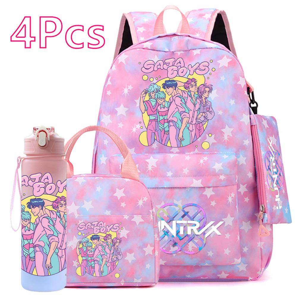 4-teiliges/Set K-POP Bedruckter Rucksack Große Kapazität Schultasche Handtasche Etui Tasche mit 750 ml Wasserflasche Junge Mädchen Schultasche wasserdicht Reisetasche Mochila