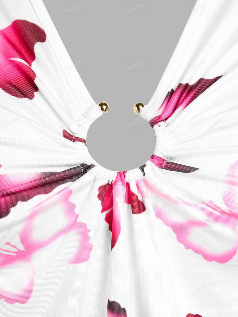 Rosegal  Plus Size Ombre Butterfly Print U Ring Buckle Cinched A Line Skirted Short Sleeves T-shirt