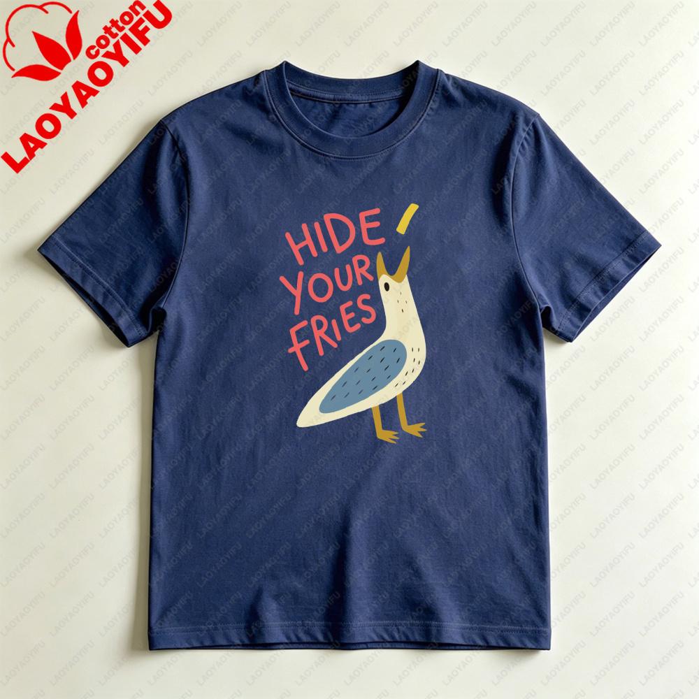 Hide Your Fries Bird Graphic Unisex Tshirt Casual Summer Short Sleeve Cotton Fashion Harajuku Aesthetic Top For Gift Streetwear