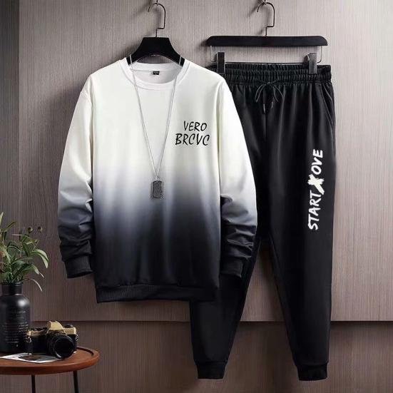 2 Pcs/Set Men Top Pants Suit Gradient Contrast Color Long Sleeve Round Neck Loose Elastic Waist Ankle Banded Hip Hop Sports Tracksuit Fall Spring Top