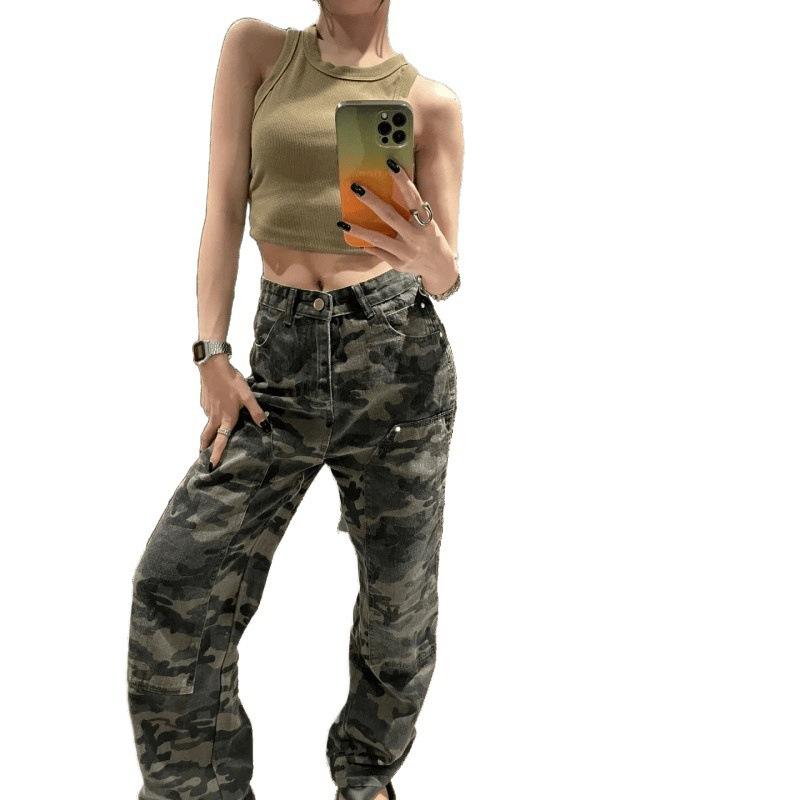 Camouflage Overalls Women's High Waist Autumn Spice Girl American Vintage Casual High Street Wide Leg Jeans