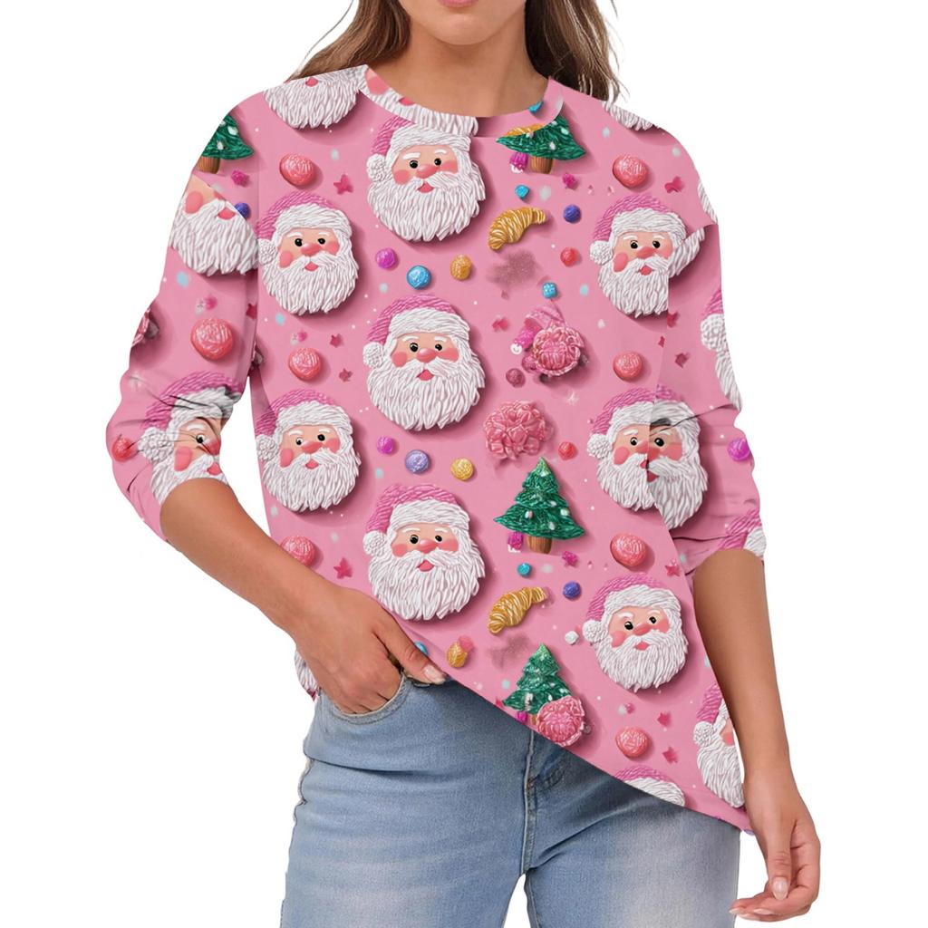 Damska Moda Casual Świąteczny Nadruk Okrągły Dekolt Jednolity Kolor Długi Rękaw Top