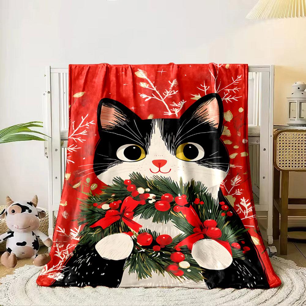 Festive Cat with Wreath for all seasons blanket lunch break throw gift