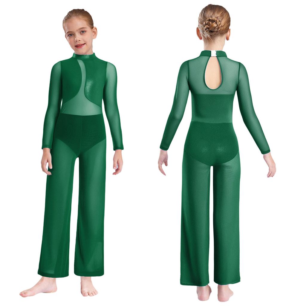 Transparenter Netz-Jumpsuit mit weitem Bein und Metallic-Effekt für Mädchen: Langarm Ganzkörper-Trikot mit Schlüsselloch-Rücken für Gymnastik und Bühnenauftritte