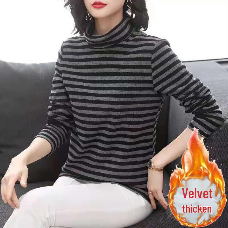 Dámský sametový top s dlouhým rukávem a pruhy, s vysokým límcem, nadměrná velikost, na podzim a zimu 2024