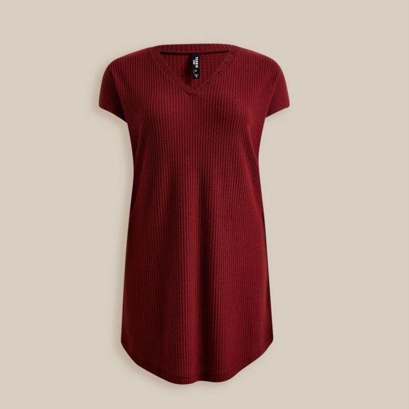 

Loose Plaid V Neck Waffle Short Sleeve Dress Red US00