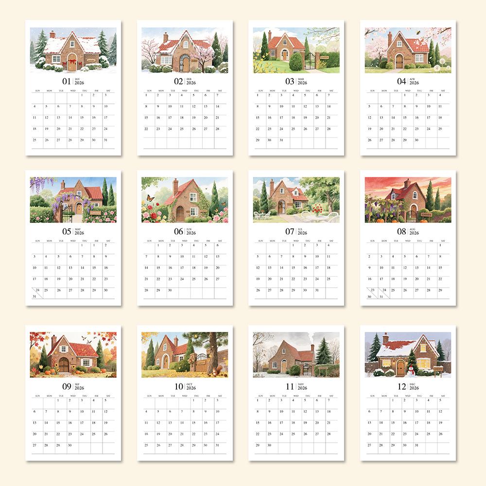 1pc, 2026 Watercolor House Theme Calendar - Cottage, 12 Different Designs, Wall Calendar, Birthday, Christmas, New Year Gift