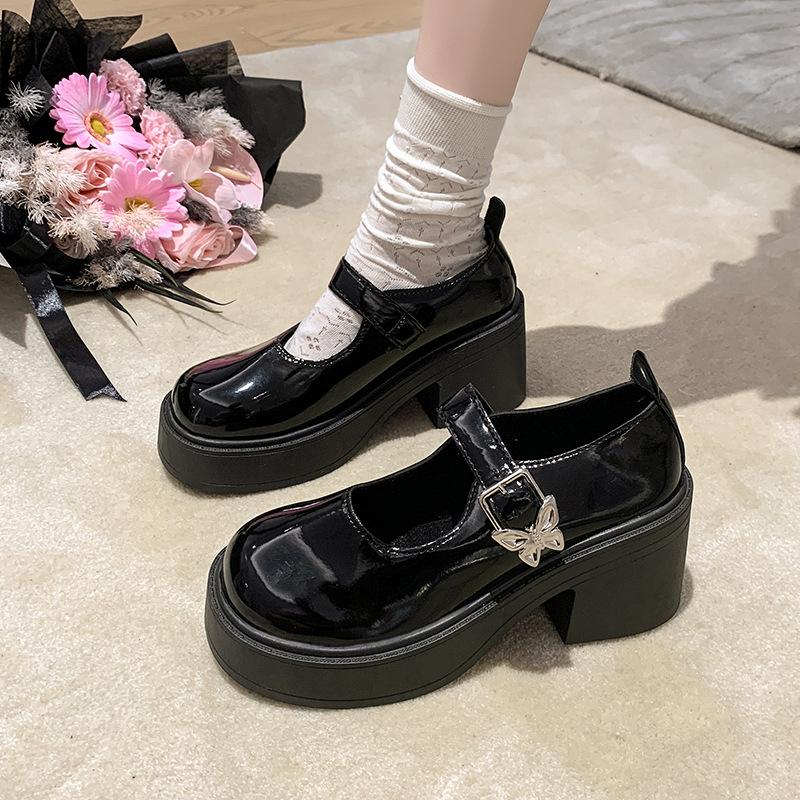 Small leather shoes women's 2025 new summer butterfly black jk single shoes platform heightening high heel shorty Le Mary Jane shoes