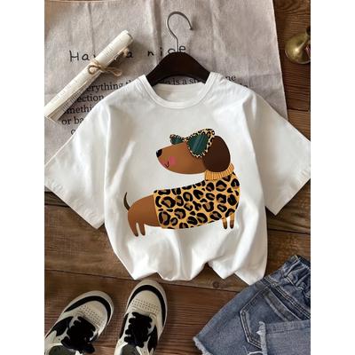 European Sizes Girls' Summer Round Neck Short Sleeve T-Shirt, Featuring Leopard Print Glasses And Dachshund Print. The Fabric Is Soft And Comfortable