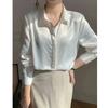 Women's Elegant Satin Blouse White Lapel Long-Sleeve Formal Casual Office Shirts
