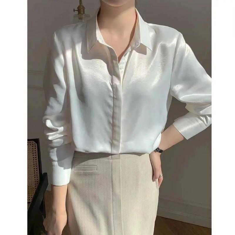 Women's Elegant Satin Blouse White Lapel Long-Sleeve Formal Casual Office Shirts