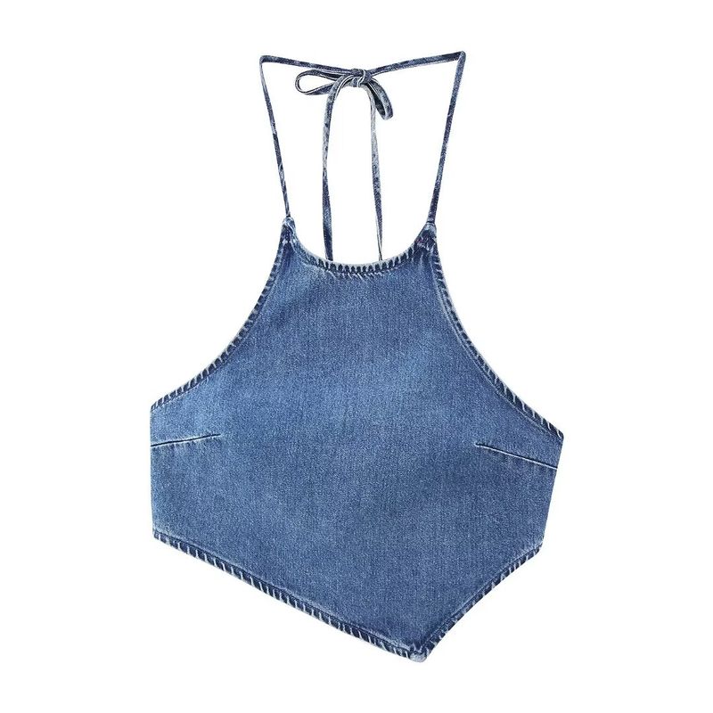 

Kaslead New Arrival Women s Clothing Fashion Style Denim Hanging Collar Open Back Design Short Top 0250070 400 Blue XS