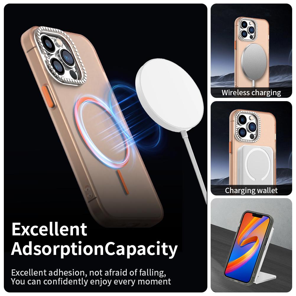 For iPhone 13 Pro Max Case Compatible with MagSafe TPU+PC+PET Phone Cover Rhinestone Decor Lens Frame