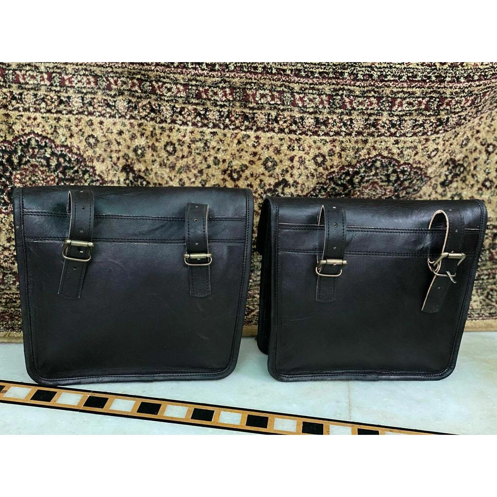 Vintage Leather Both Side Panniers (2 Black Pouch) Large Motorcycle Bags 2 Side