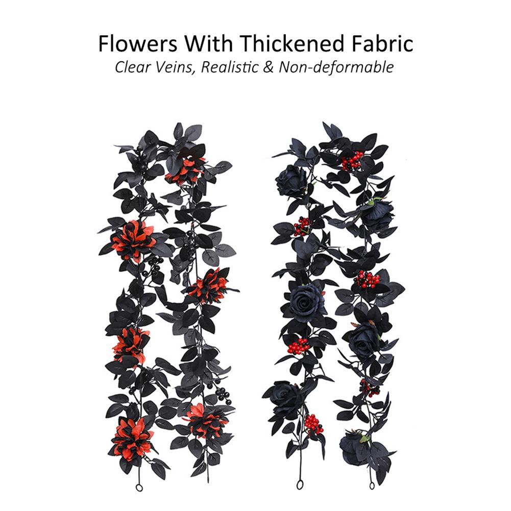 Artificial Black Rose Vine Lifelike Simulated Rattan Fake Leaves Gothic Halloween Garland Home Party Scene Halloween Decorations