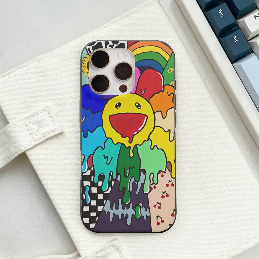 T-Takashi Flower M-Murakami Soft Corrugated Phone Case For IPhone 11 12 13 14 15 16 17 Pro Max Plus Ripple Silicone Cover