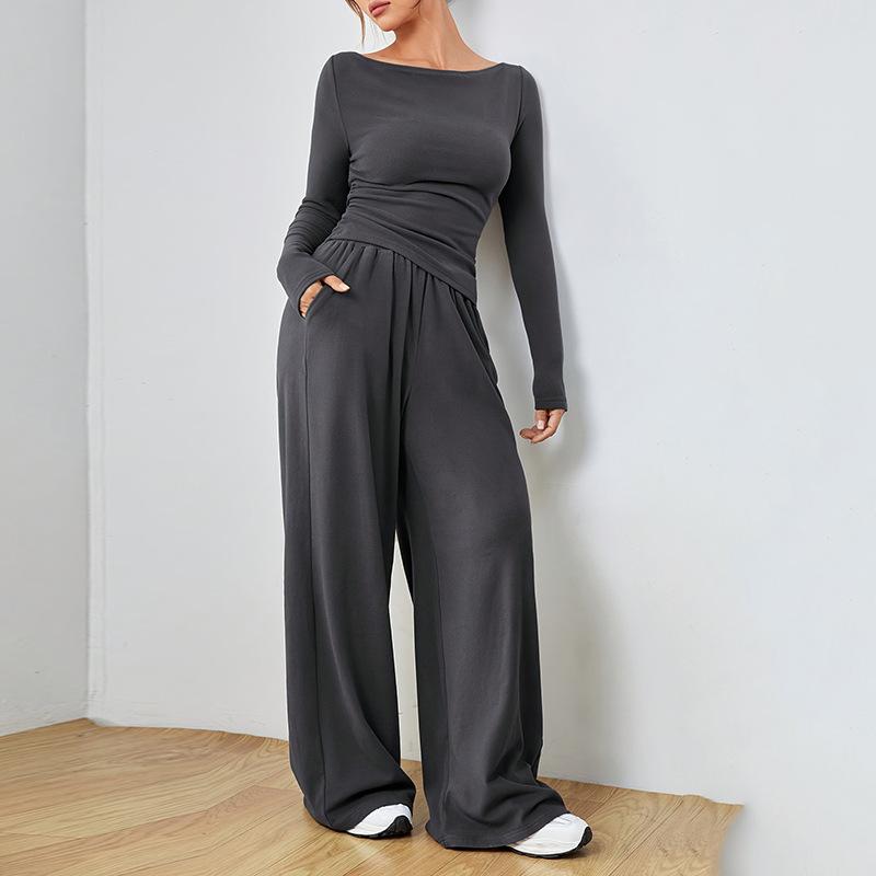 Women's Navy Blue One-Shoulder Long Sleeve Wide Leg Jumpsuit